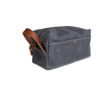 Load image into Gallery viewer, gray waxed cotton dopp with leather accents
