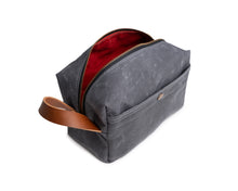 Load image into Gallery viewer, open men&#39;s gray  travel dopp kit with red lining
