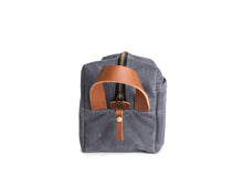 Load image into Gallery viewer, gray travel dopp kit with leather accents and metal zipper
