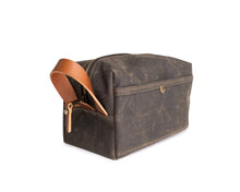 Load image into Gallery viewer, olive waxed cotton dopp kit with leather accents
