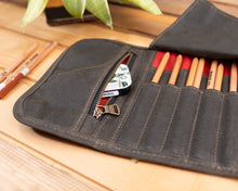 Load image into Gallery viewer, pocket detail of waxed canvas roll up pencil case
